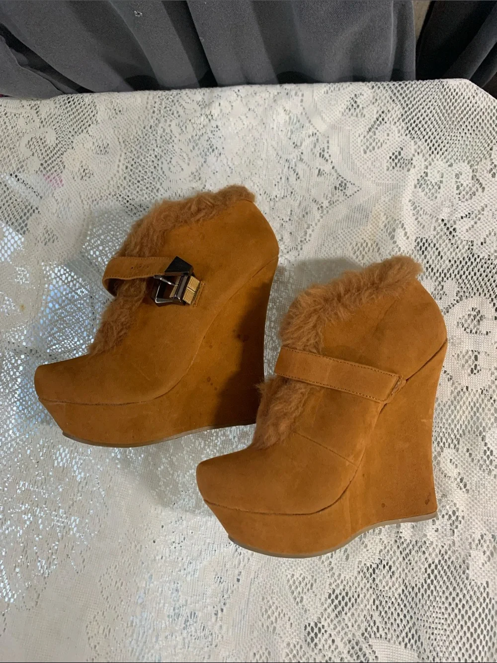 Faux Fur Trim Wedge Booties in Cognac Tan with Buckle Detail